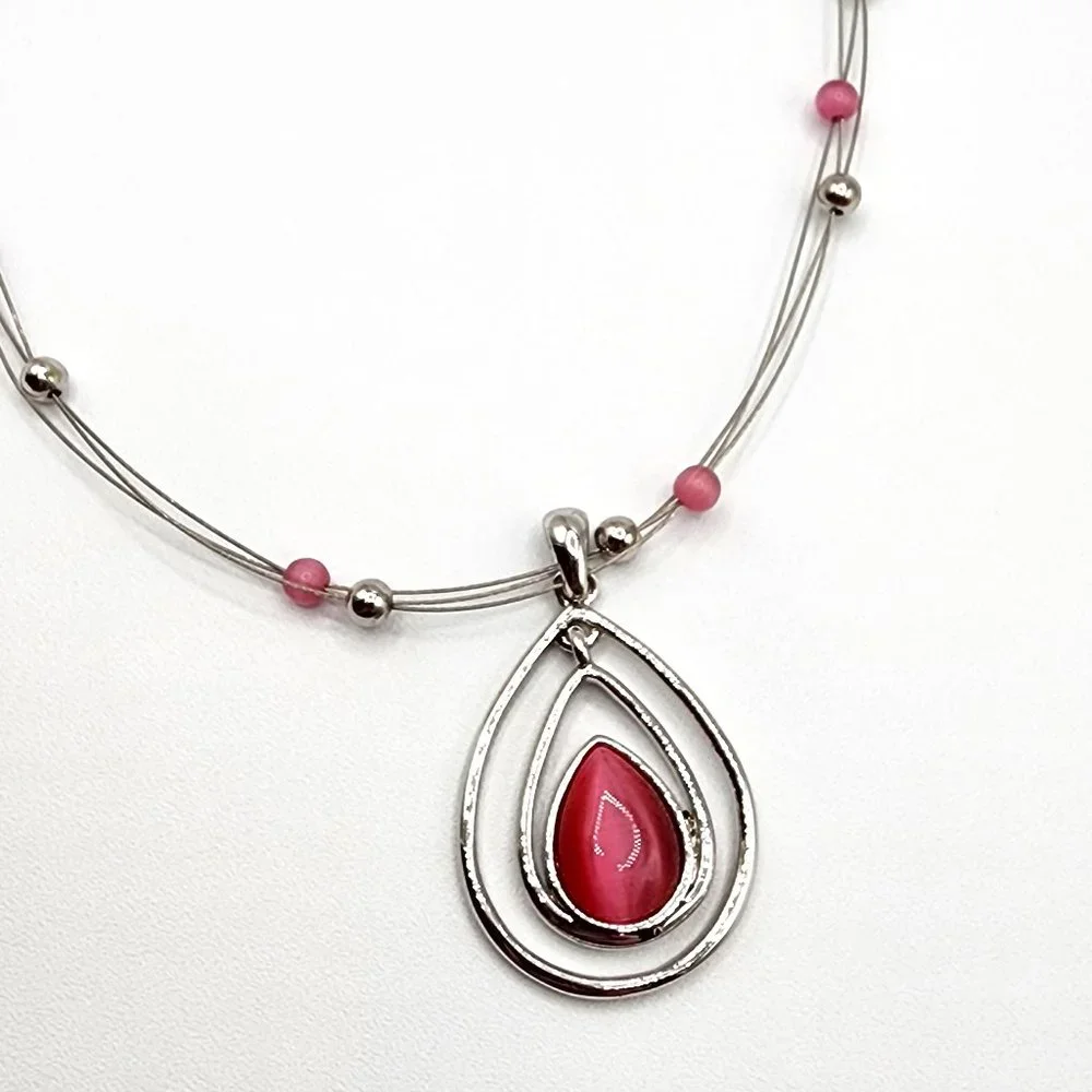 LIA SOPHIA COTTON CANDY Silver Pink Teardrop Floating Bead Signed Necklace